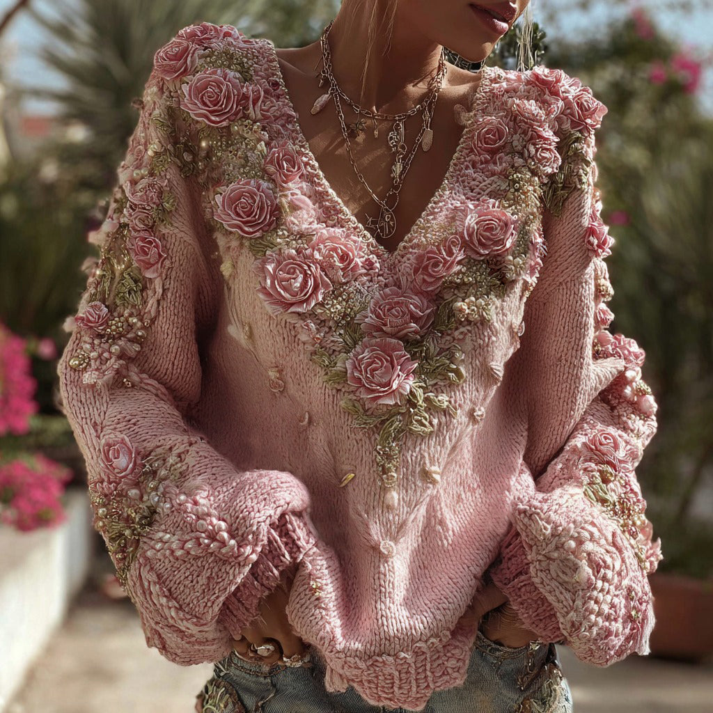 Women's Vintage Pink Rose Chunky Knit V-neck Sweater elevenforest