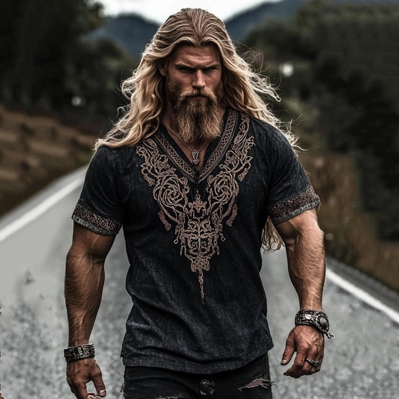 Men's Retro Viking Celtic Knot Art Linen Casual T-shirt elevenforest