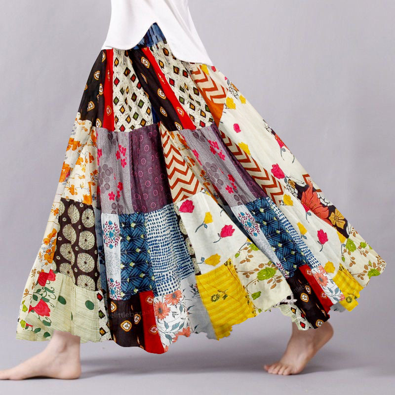 Vintage Patchwork Pattern Flowy Wide Skirt elevenforest