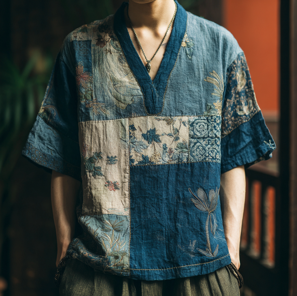 Japanese Art Style Plant Flower Embroidery Men's V-neck Cotton And Linen Shirt 1 elevenforest