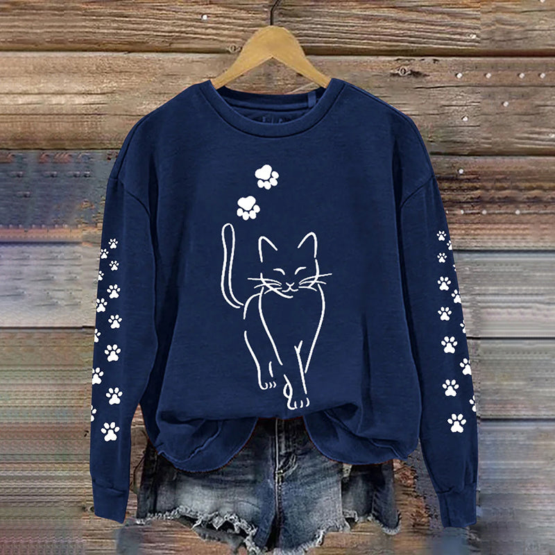 Cute Cat Print Crew Neck Sweatshirt elevenforest