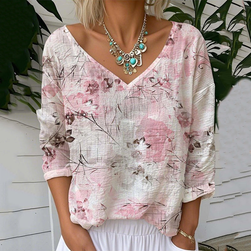 Floral Print V-neck Linen Blend T-shirt elevenforest