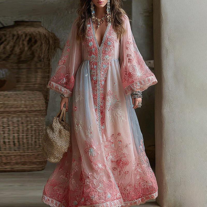 Vintage Gradient Roses Embroidered V Neck Comfy Maxi Dress elevenforest