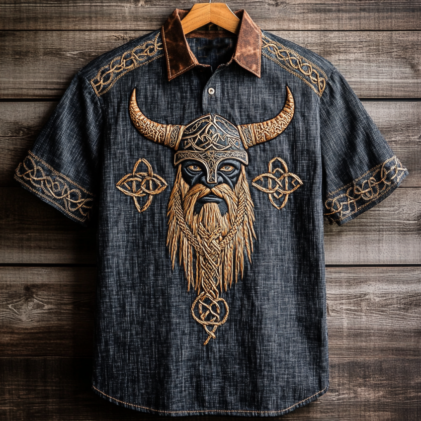 Men's Viking Tribal Embroidery Art Linen T-shirt elevenforest