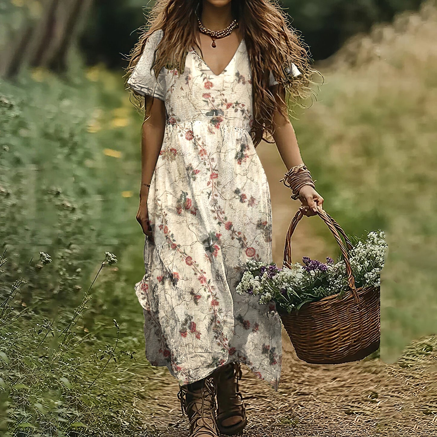 Vintage Floral Print V-neck Short Sleeved Dress elevenforest