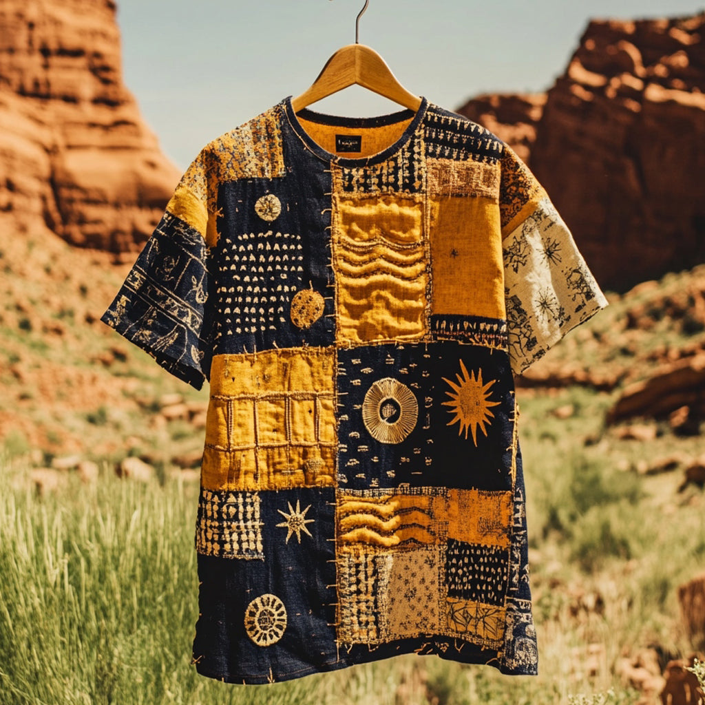 Men's Contrast Patchwork Sun Linen T-shirt elevenforest