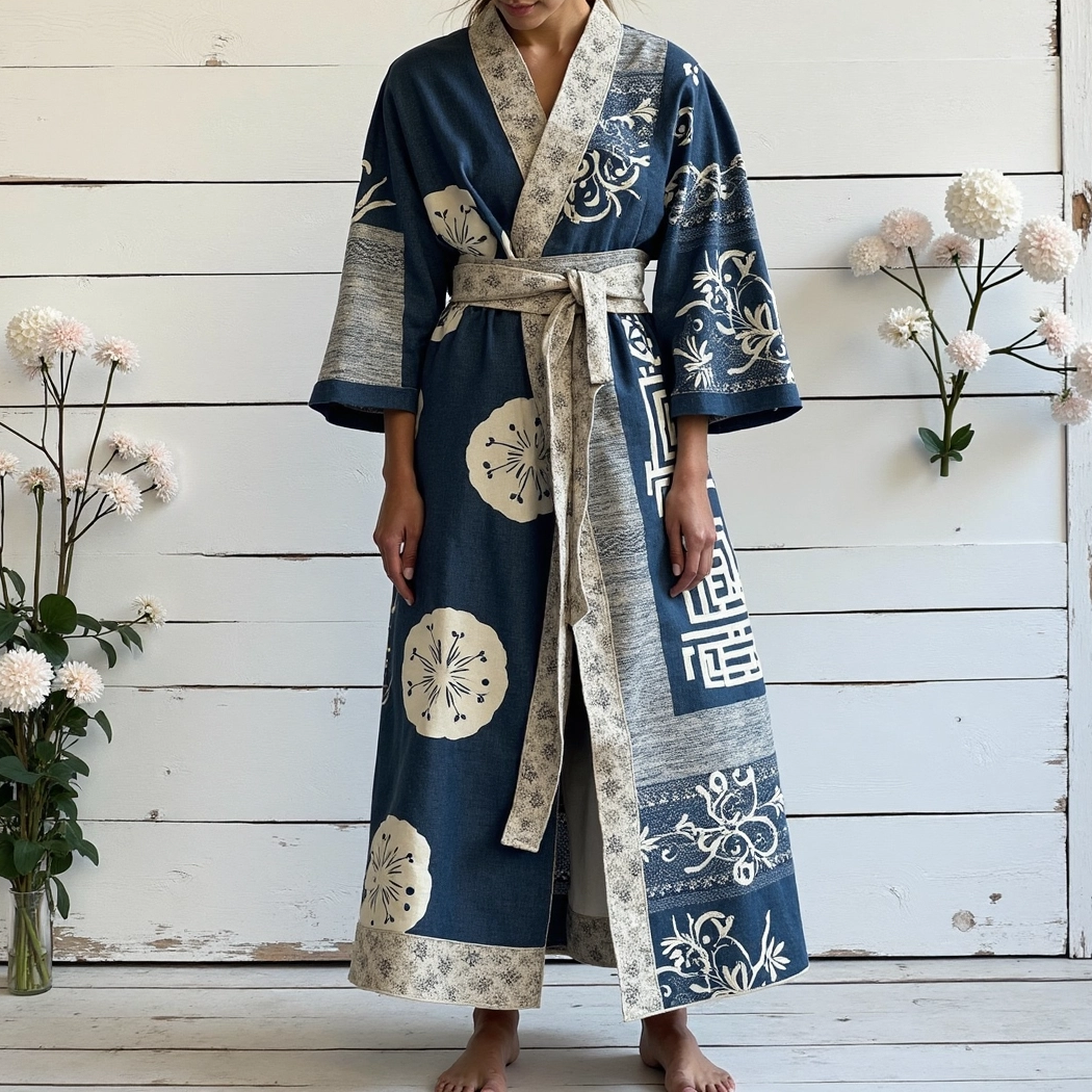 Women's Retro Japanese Traditional Sashiko Art Linen V-neck Robe elevenforest
