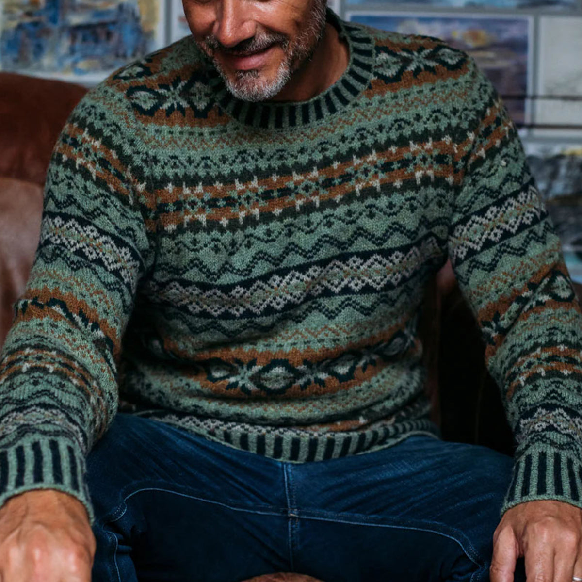 Vintage Brodie Knit Warmth Jacquard Icelandic Crew Neck Sweater(Unisex ) elevenforest