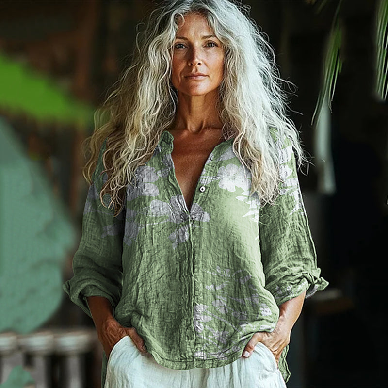 Bohemian Style Linen Floral Art Print Long Sleeve Shirt elevenforest