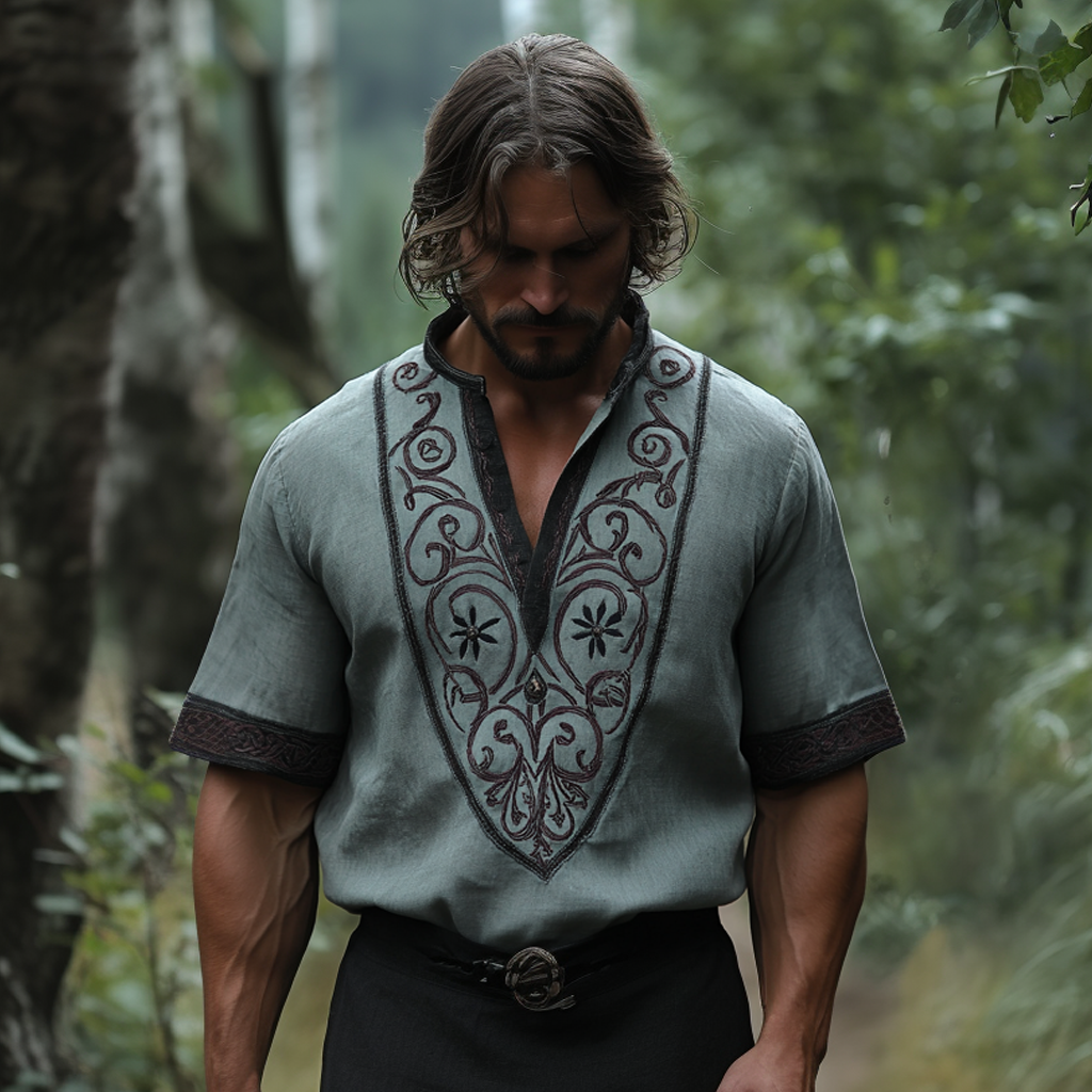 Men's Vintage Viking Flower Embroidery Print Shirt elevenforest