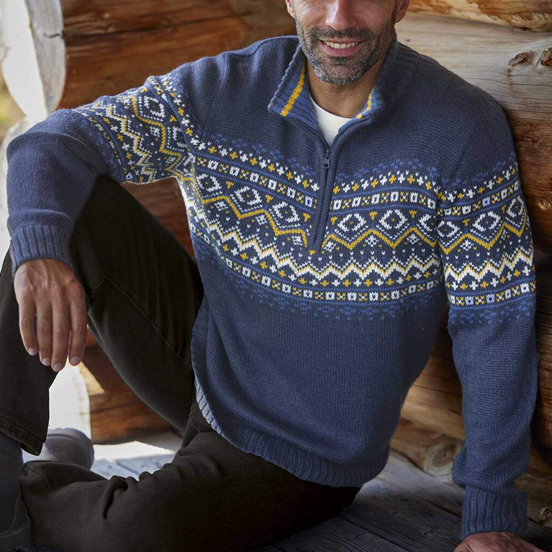 Vintage Contrasting Color Geometry Jacquard Half Zip Collar Sweater elevenforest