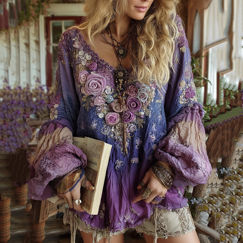 Classy Vintage Floral Splicing Cotton And Linen Long Sleeve Shirt elevenforest