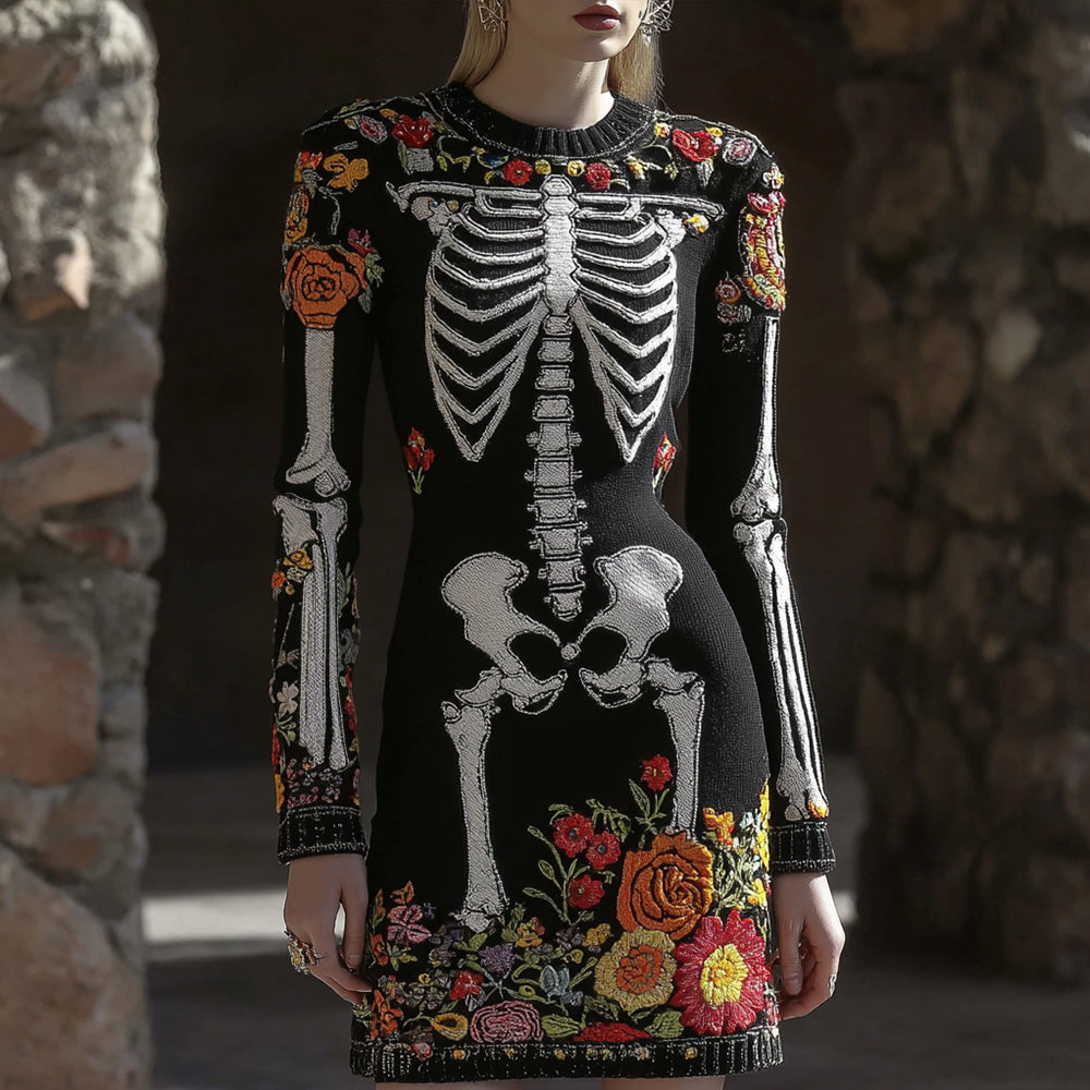 Women's Vintage Halloween Skeleton Bones Flower Comfortable Elegant Sweater Dress elevenforest