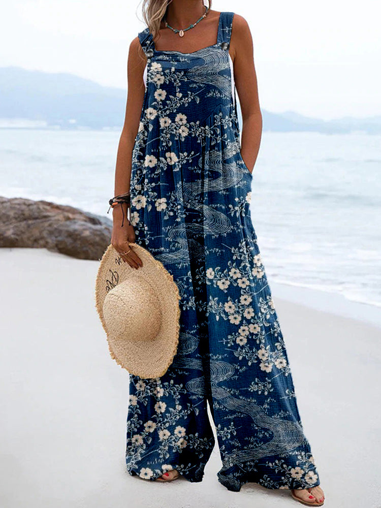 Japanese Floral Art Pattern Linen Blend Comfy Jumpsuit elevenforest