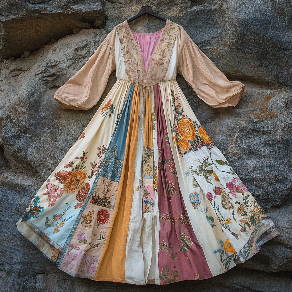 Women's Vintage Floral Applique Art V-neck Dress elevenforest