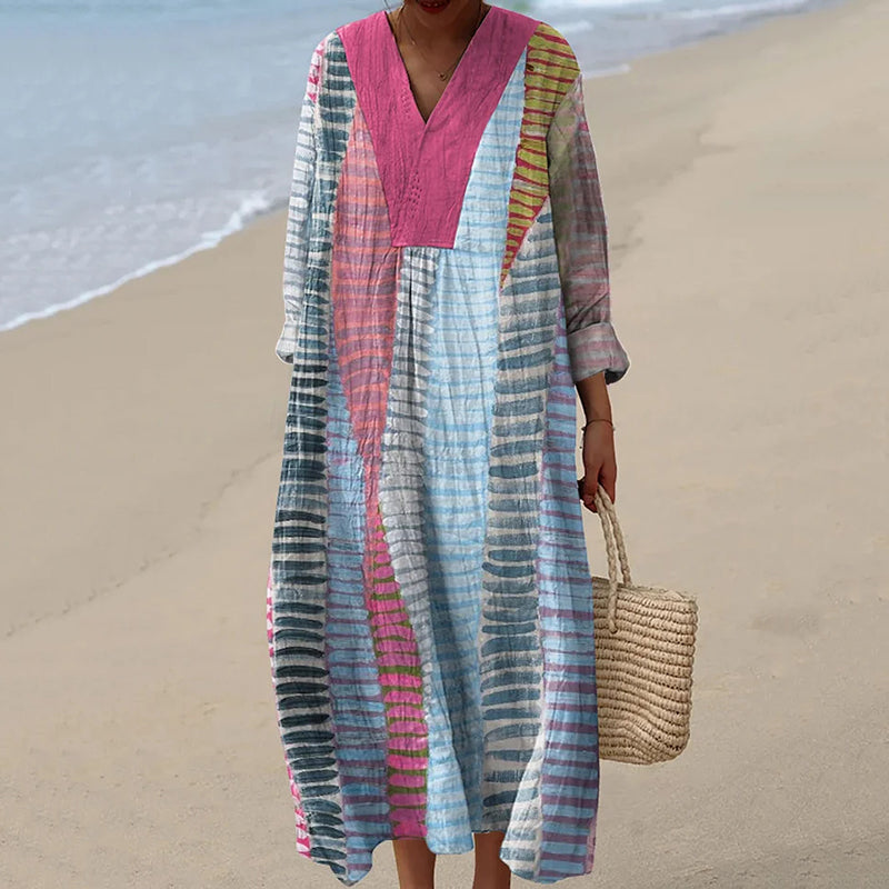 Vintage Color Block Line Art Pattern Casual Maxi Dress elevenforest