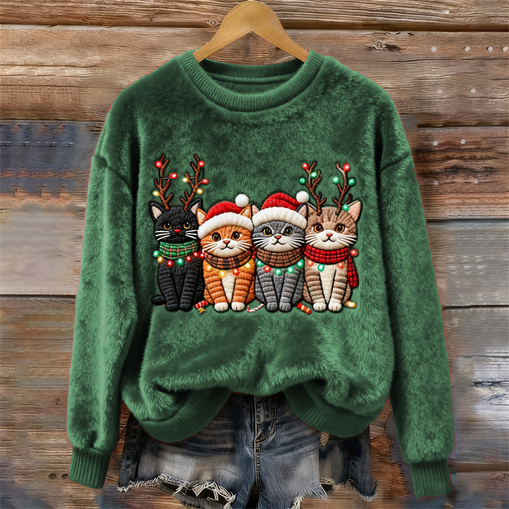 Christmas Lights Cat Women's Cozy Plush Sweater elevenforest