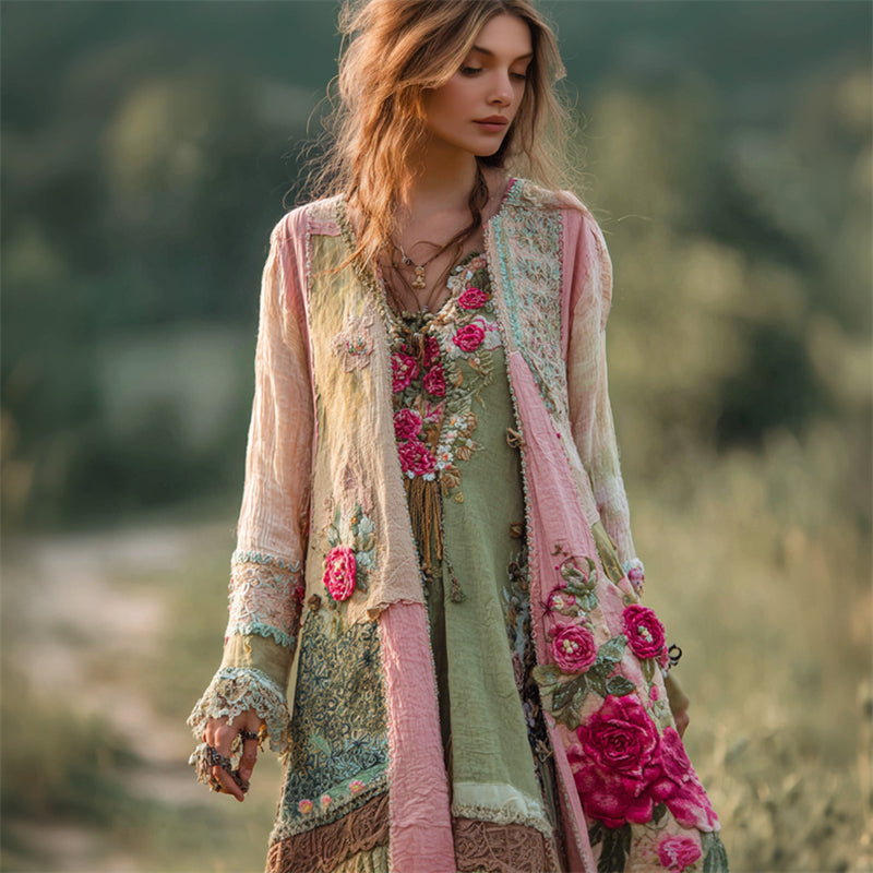 Vintage Boho Pink Roses Embroidered Floral Patchwork Linen Long Cardigan artswardrobe