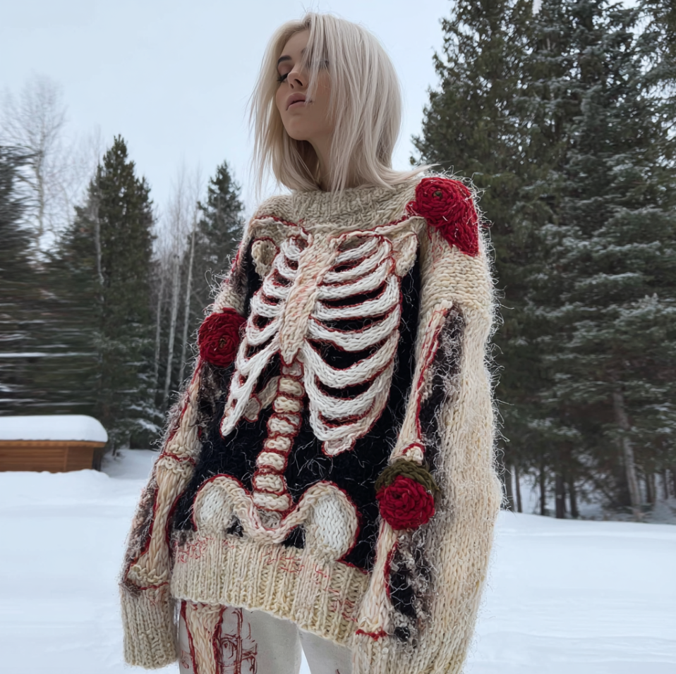 Comstylish Lady's Halloween Gothic Style Skull Skeleton Pattern Knitted Sweater