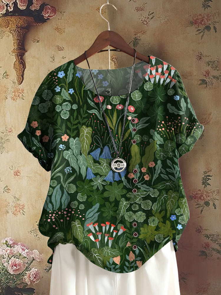 Women's Retro Forest Plant Floral Print Shirt elevenforest