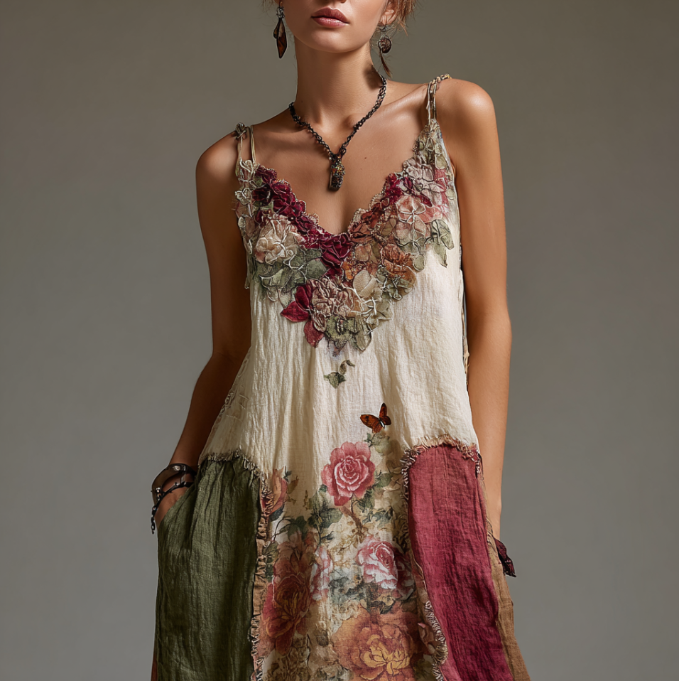 Bohemian Style Plant Flower And Butterfly Pattern Embroidery Design V-neck Woman's Long Dress elevenforest