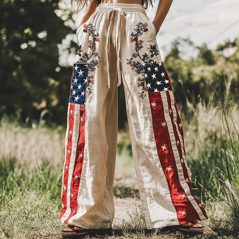 Women's Vintage Independence Day Floral Embroidery Patchwork Design Linen Wide Leg Pants elevenforest