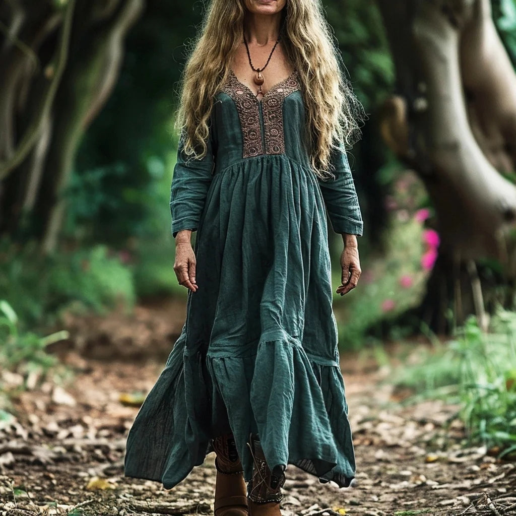Women's Vintage Boho Linen Blend Ethnic Midi Dress elevenforest
