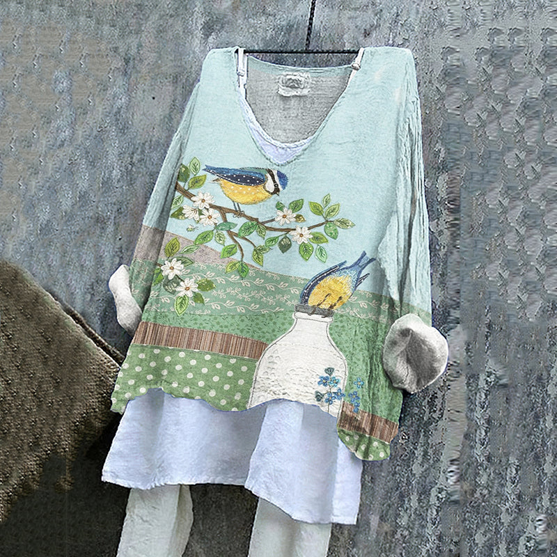 Women's Blue Tits Bottle Birds Greetings Art Loose V-neck Shirt elevenforest
