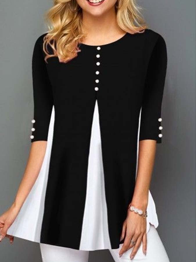 Women'S Loose Contrast Color Stitching Fake Two-Piece Top