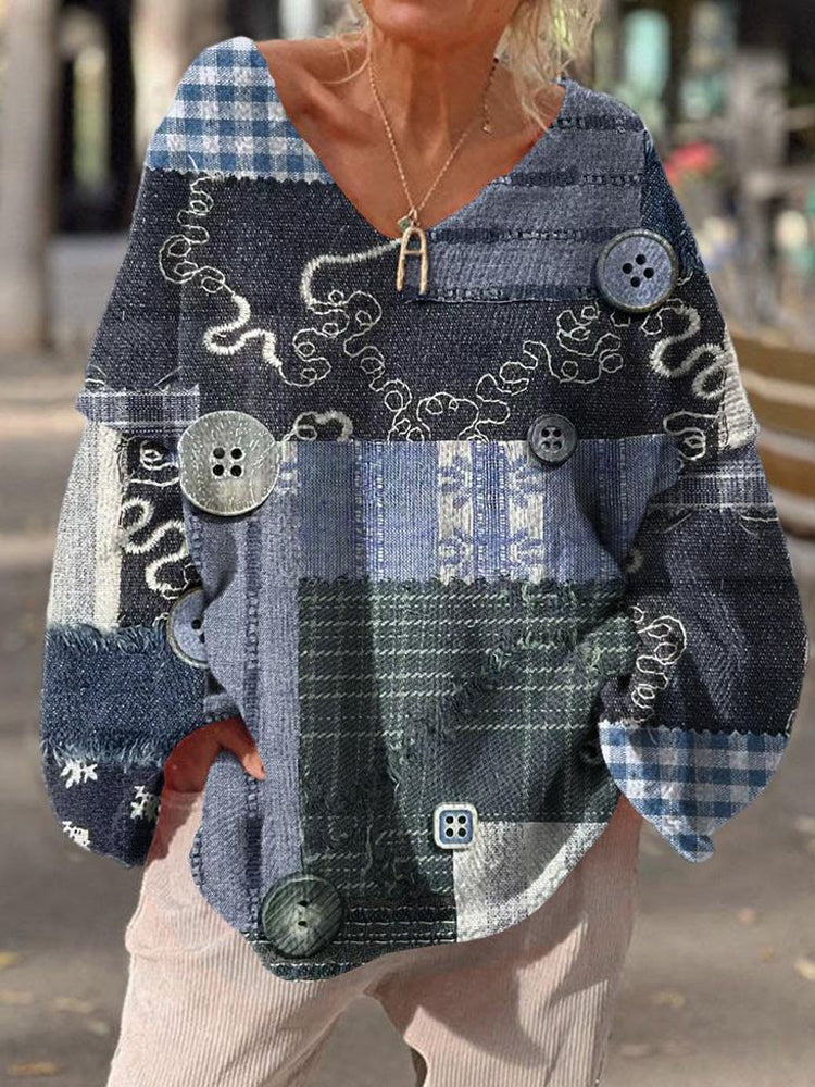 Stitch Buttons And Geometric Pattern Women's V-neck Shirt elevenforest