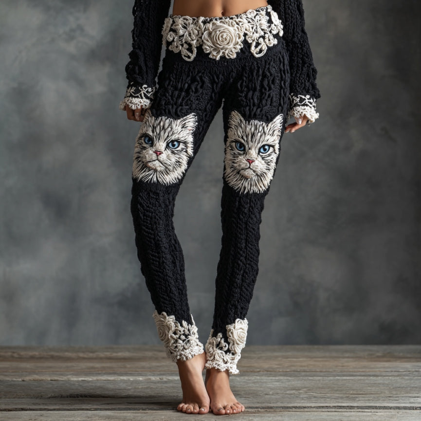 Women's Cute Cat Face Lace Embroidered Gradient Cozy Leggings elevenforest