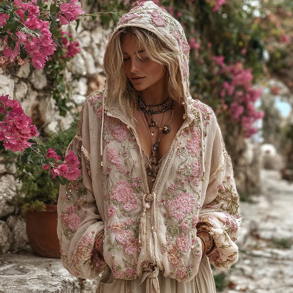 Bohemian Style Pink Rose Vintage Zip-up Cardigan Hoodie elevenforest