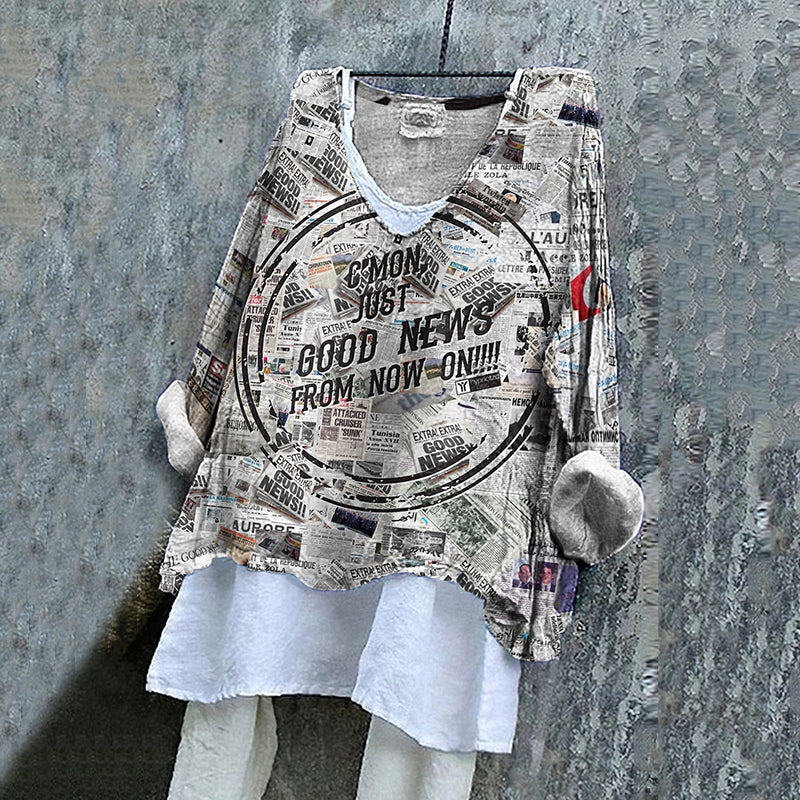 Comstylish Vintage Newspaper Headline Spliced linen T-shirt