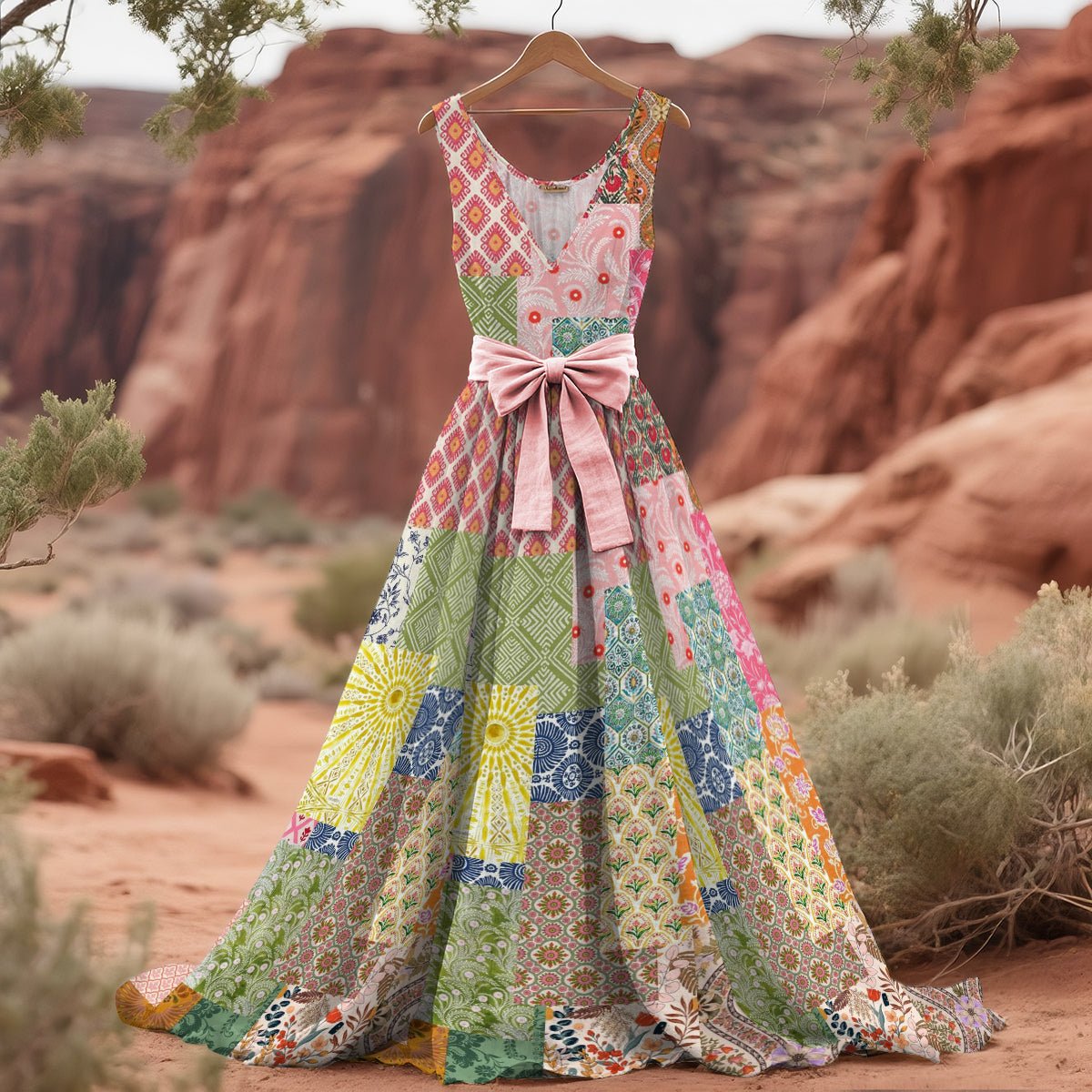 Women's Floral Patchwork Art Linen Tank Midi Dress(belt Not Included) elevenforest