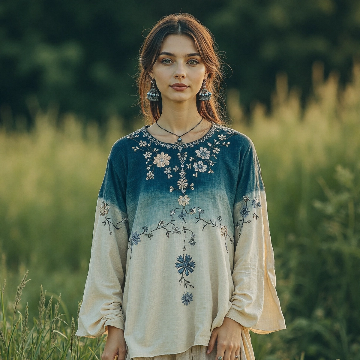 Retro Gradient Floral Embroidery Linen Blend Long Sleeve T-shirt elevenforest