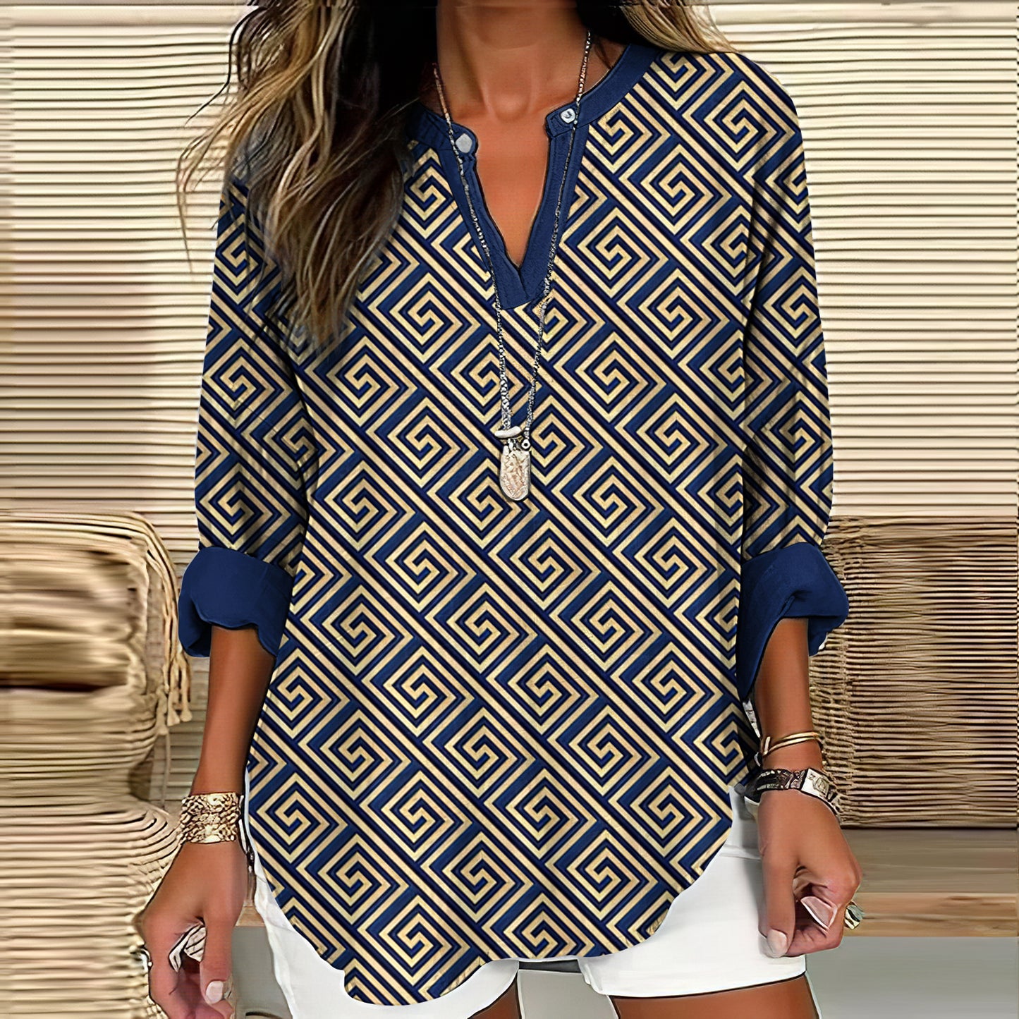 Comstylish Vintage Greek Key Print V-neck Long Sleeved Blouse