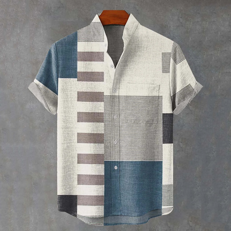 Men's Geometric Patchwork Pattern Art Casual Short Sleeve Shirts elevenforest