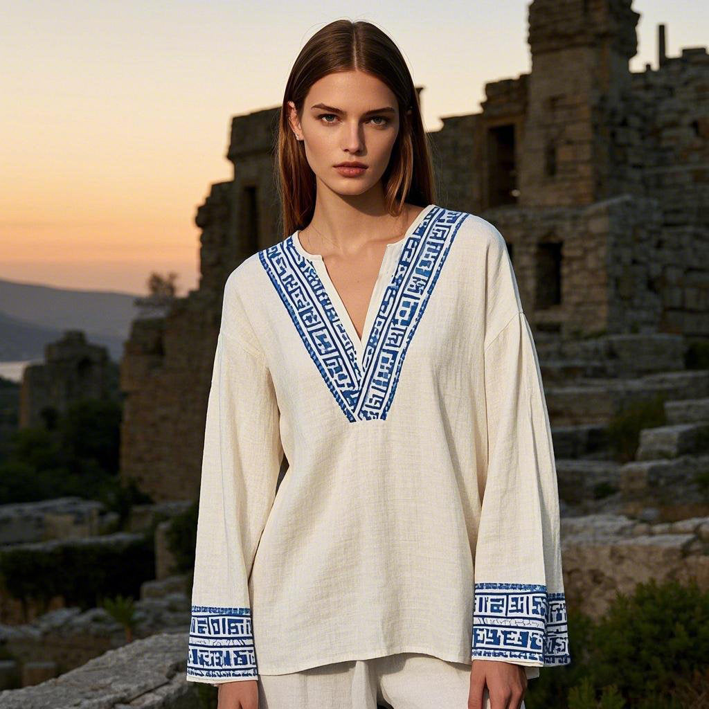 Women's Greek Geometric Art V-neck Linen Blend Blouse elevenforest