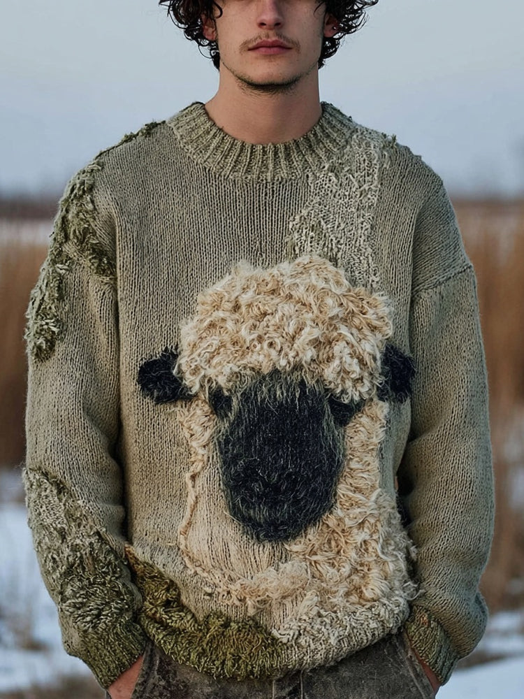 Men's Fuzzy Blacknose Sheep Embroidered Cozy Knit Sweater artswardrobe