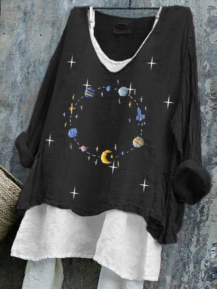 Women's Planets Inspired Embroidered Linen Blend Shirt elevenforest