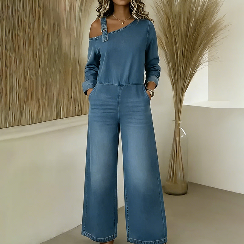 Comstylish Women's Casual Solid Color Denim Pocket Comfortable Jumpsuit