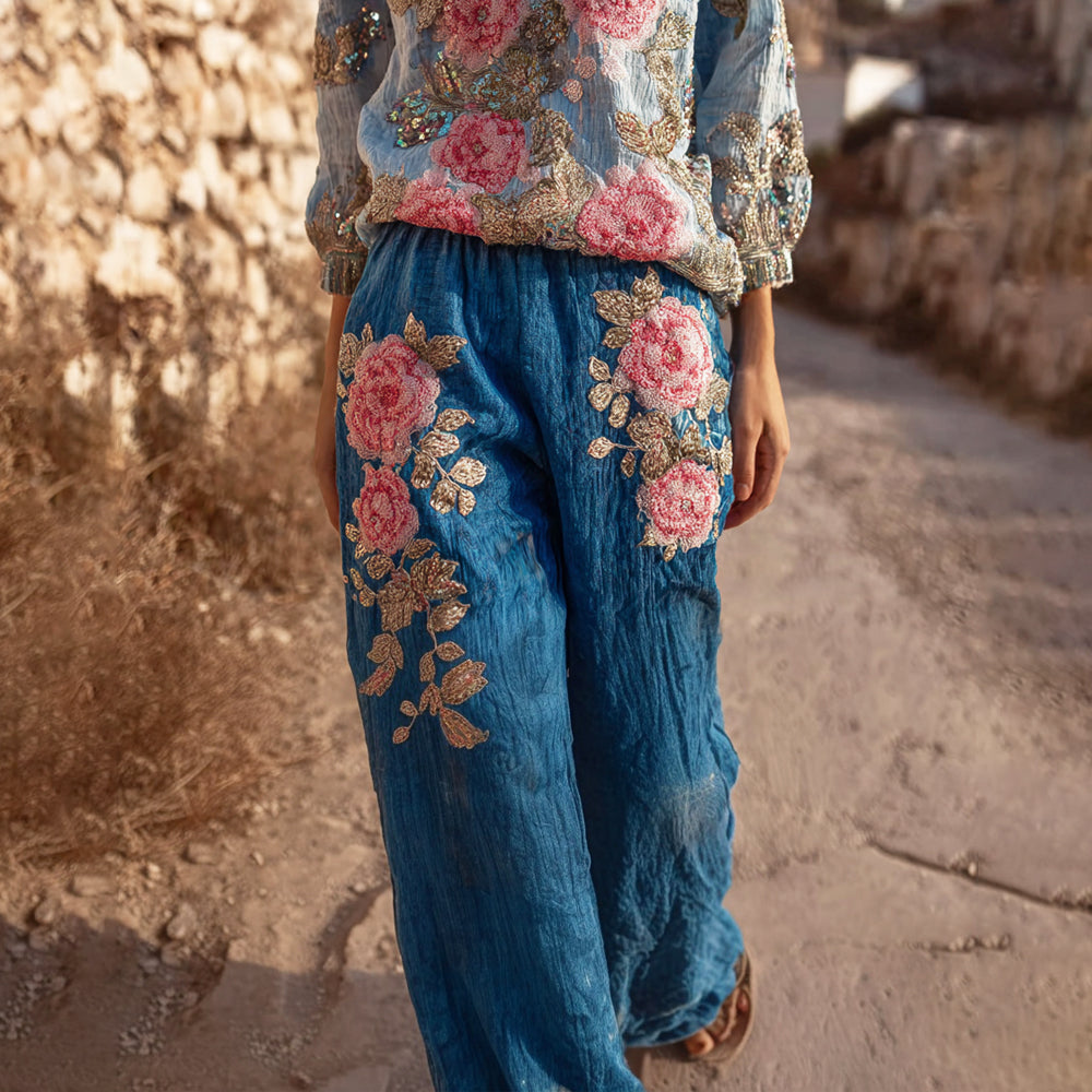 Vintage Boho Floral Embroidered Art Women's Linen Trousers elevenforest