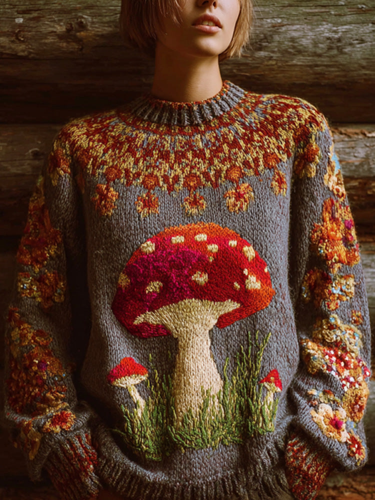 Comstylish Women's Retro Mushroom Print Crew Neck Sweater