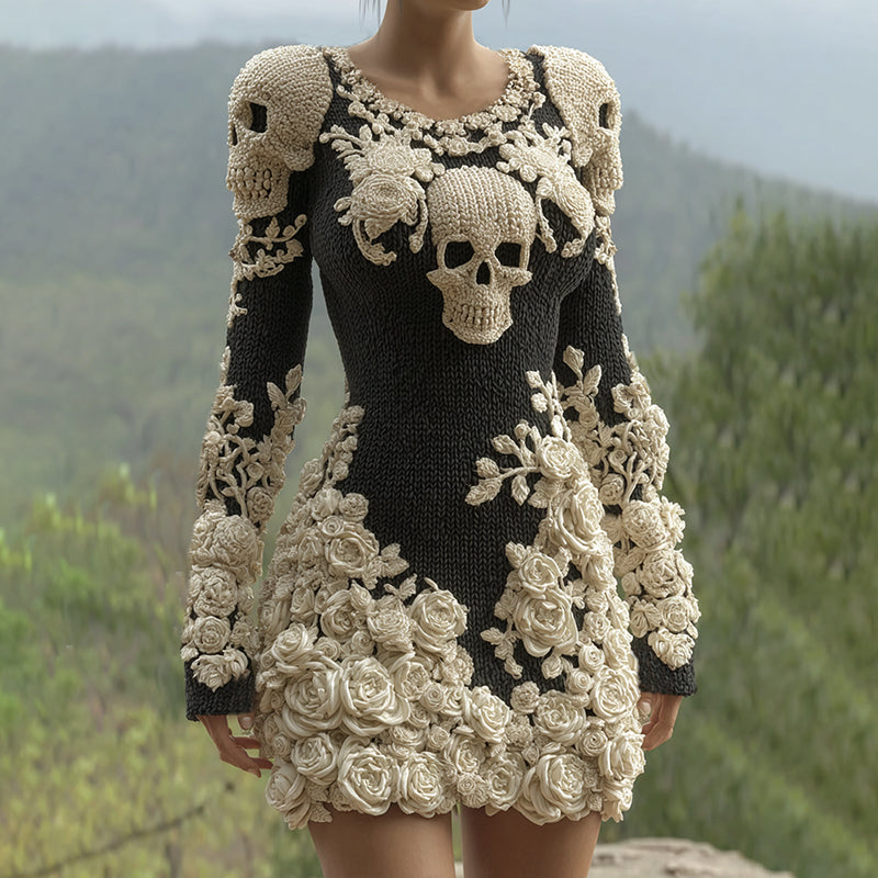 Women's Hot Sexy Style Halloween Skeleton Bones Leather With Rose Pattern Art Cozy Knit Mini Sweater Dress elevenforest