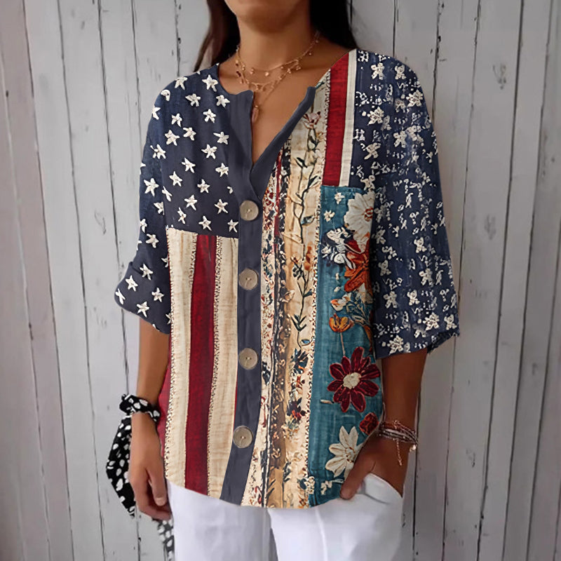 Women's Independence Day American Flag & Floral Patchwork Line Print Button Linen Blend Shirt elevenforest