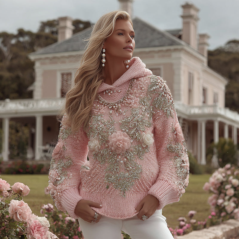 Women's Floral Embroidery Art Cozy Knit Hooded Sweater elevenforest