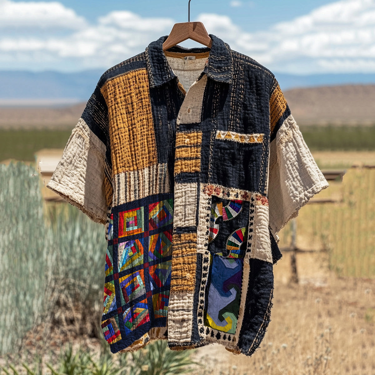 Men's Vintage Amish Quilted Fan Wave Linen Shirt elevenforest