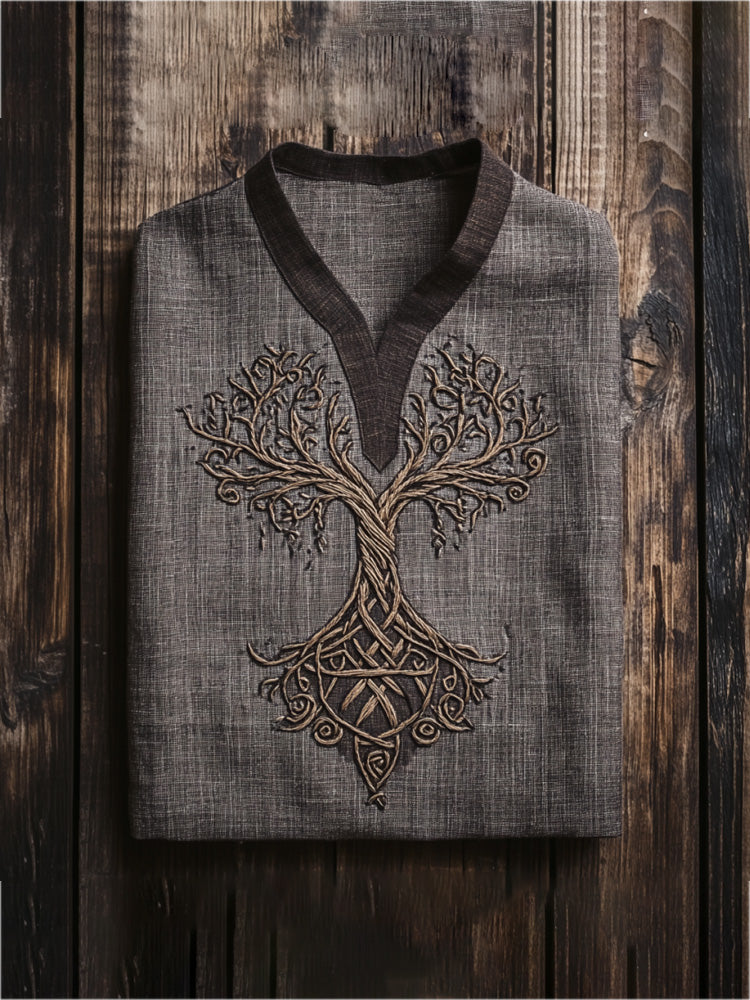 Men's Viking Life Of Tree Celtic Knot Art Linen V-neck T-shirt elevenforest