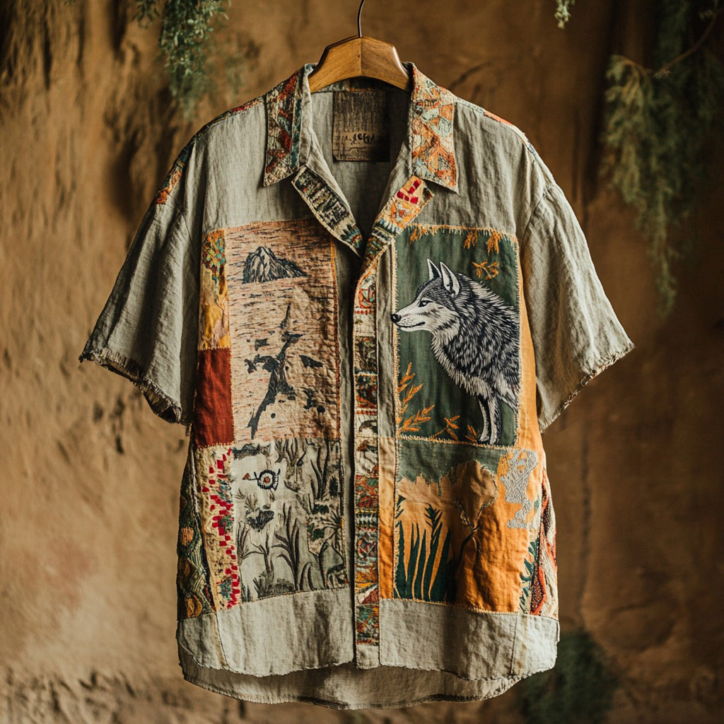 Men's Retro Wolf Patchwork Contrast Color Support Our National Parks Art Linen Casual Shirt elevenforest