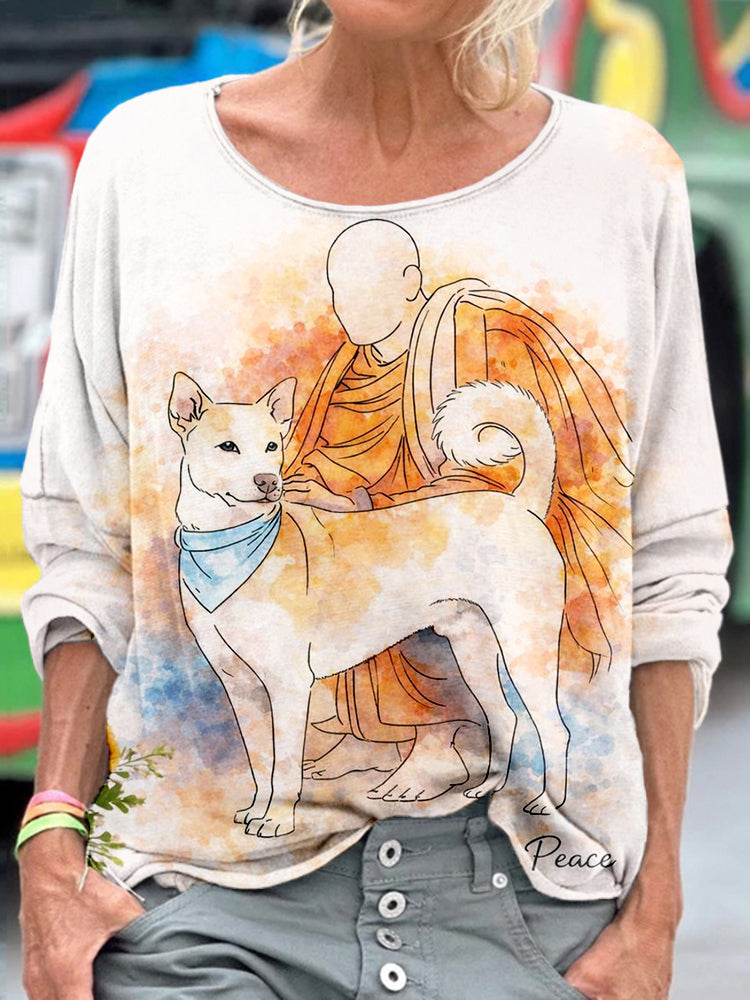 Comstylish Walk For Peace Monks With Aloka Dog Watercolor Art Comfy T Shirt